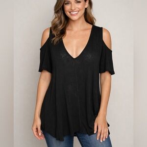 Free People Bittersweet Black Short Cold Shoulder Sleeve Women’s Blouse Sz L